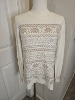 Talbots Cream Fair Isle Crewneck Sweater with Tan Pattern